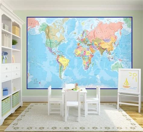 Giant World Map Mural Blue Ocean Wall Decal Map Etsy World Map