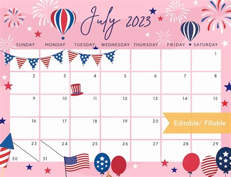Fillable July 2023 Calendar Independence Day Us Patriotic Etsy Australia