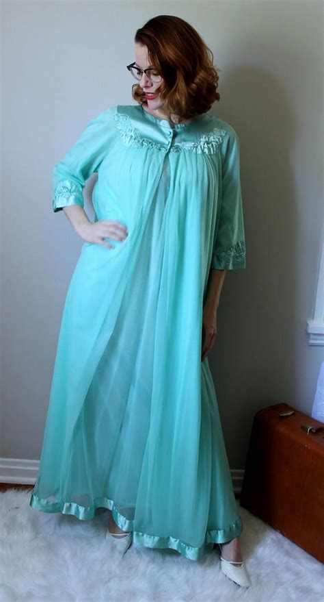 Vintage Seafoam Green Two Piece Nightie Set Mint Green Chiffon Full Length Nightgown And Robe