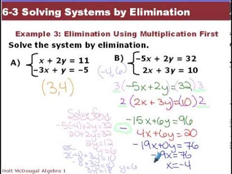 A system of equations is a set of two separate equations. Algebra 1 6-3 Solving Systems by Elimination - YouTube