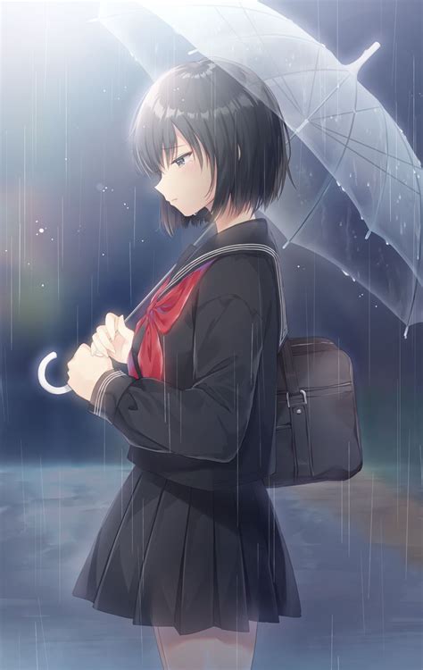Lonely Anime Girl Umbrella Rain