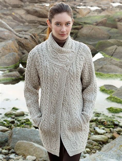 Aran Cable Crossover Neck Coat Irish Sweater Irish Sweaters Women