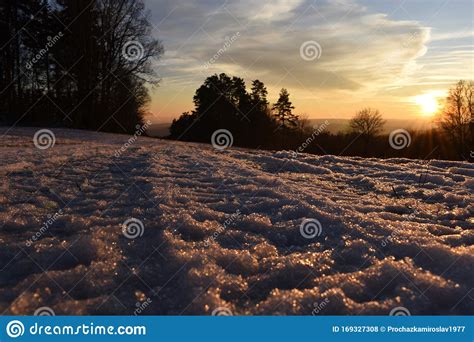 Winter Landscape In Vizovice Hills Sunset Stock Photo