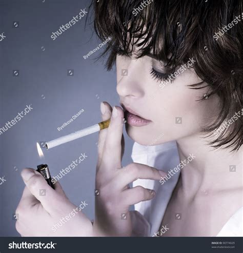 Beautiful Woman Smoking Cigarette Stock Photo 90774029