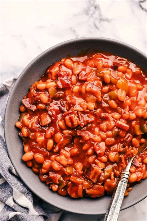 Baked beans, ketchup, yellow mustard, bacon, brown sugar. World's Best Baked Beans | The Recipe Critic