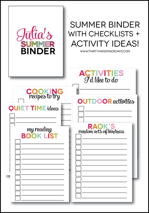 Printable Summer Activities Binder Activity Sheets