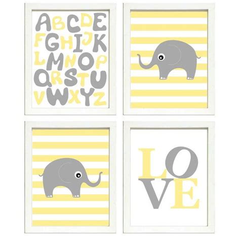 Instant Download Yellow Grey Elephant Nursery Art Printable Baby Set Of