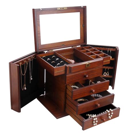 Wood Jewelry Box Organizer Armoire Ring Necklace Display Vintage Gift