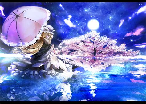 Looking for the best wallpapers? blonde hair cherry blossoms clouds dress hat moon night ...