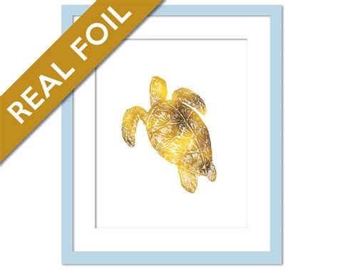 Sea Turtle Art Print Real Gold Foil Print Nautical Wall Decor