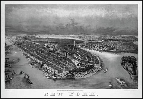 New York City Antique Map Birds Eye View 1874 Black And White
