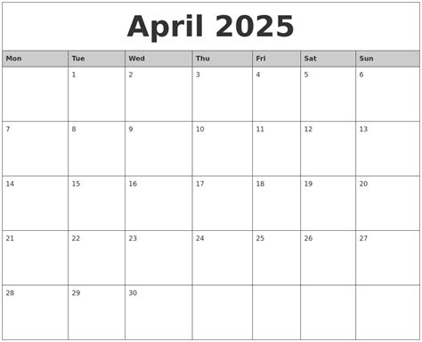 April 2025 Monthly Calendar Printable