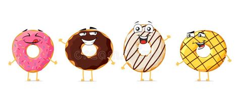 Donut Funny Smiling Cartoon Character Set Colorful Doughnut Cute Happy
