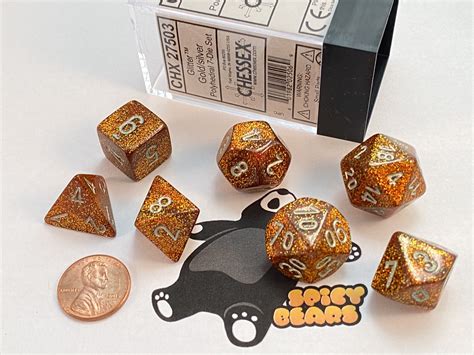Polyhedral 7 Die Set Glitter Gold With Silver Numbers Dice By Chessex