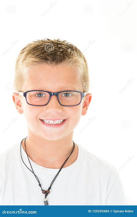 Little Boy Blond With Glasses Portrait Wear White Stock Photo Image