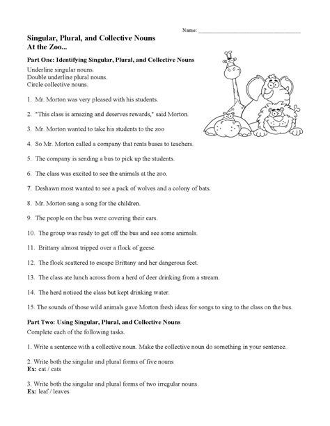 Singular Plural And Collective Nouns At The Zoo Worksheet