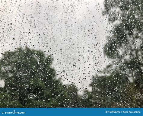 Raindrops On Clear Umbrella Under Overcast Sky In Rainy Day Stock