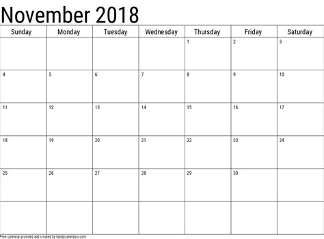 2018 November Calendars Handy Calendars
