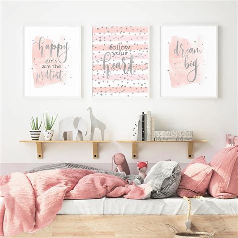 Girls Wall Art Set Of 3 Pink Prints For Bedroom Girl Etsy