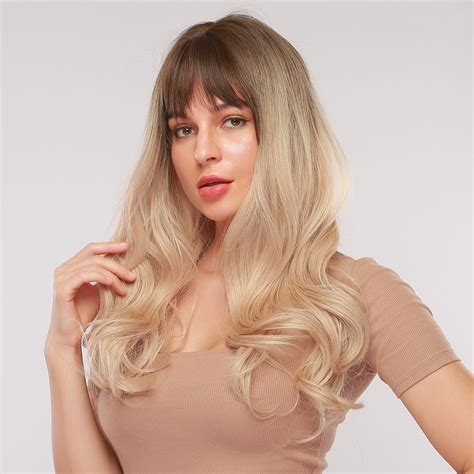 Long Platinum Blonde Wig Natural Wavy Wig With Fringes Synthetic Wig With Dark Roots Women Party