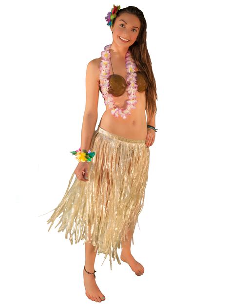 Hawaiian Luau Party Grass Skirt Coconut Bra 5pc Hula Girl Costume One
