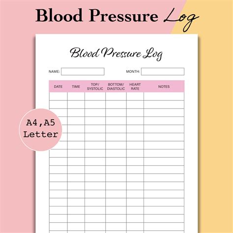 Blood Pressure Log Blood Pressure Printable Planner Daily Etsy Canada