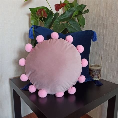 Pink Round Pom Pom Pillow Case Circle Throw Pillow Cover Etsy