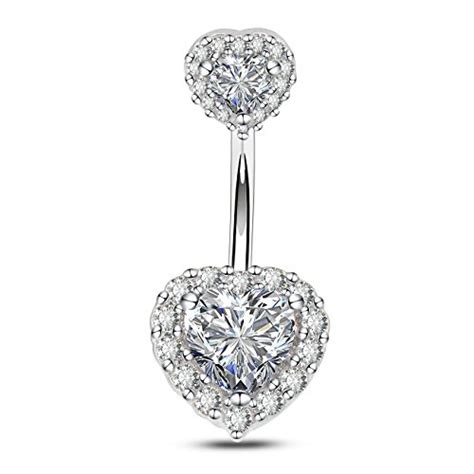 Oufer 14g Double Heart Cubic Zirconia Navel Belly Button Ring Surgical Steel Piercing Jewelry