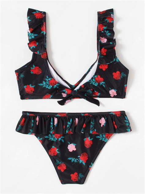 flower print ruffle bikini set shein sheinside