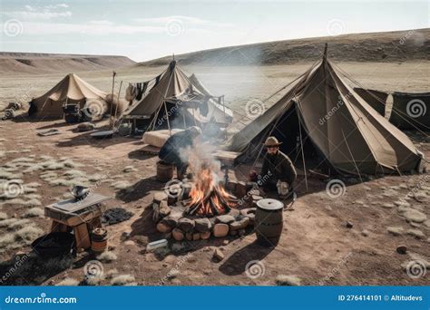 Nomadic Tribe Setting Up Camp With Tents Fire And Cooking Pots Stock