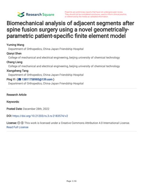 PDF Biomechanical Analysis Of Adjacent Segments After Spine Fusion