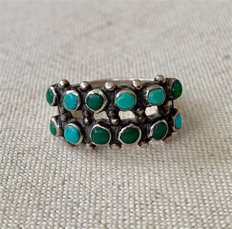 Zuni Turquoise Ring Band Snake Eye Double Row Green Turquoise Sterling