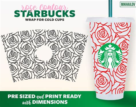 Cold Cup Svg Full Wrap Rose Flower Contour Vector Custom Etsy