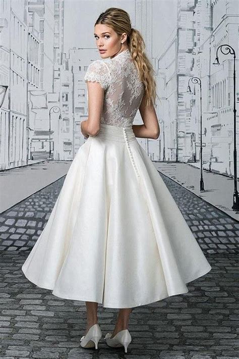 Short Wedding Dresses V Neck Lace Tea Length Ivory Simple Bridal Gown