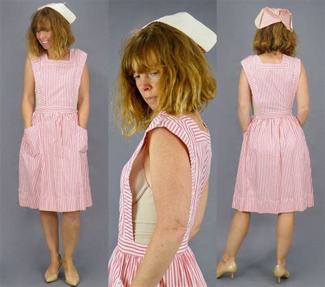 Vintage 1940s Candy Striper Pinafore Jumper Dress And Nurse Cap Wwii Era