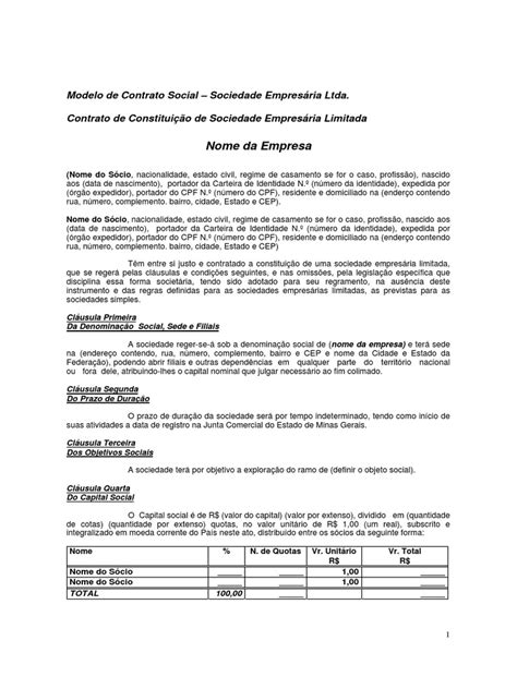 Modelo De Contrato Social Sociedade Empresária Ltda Pdf