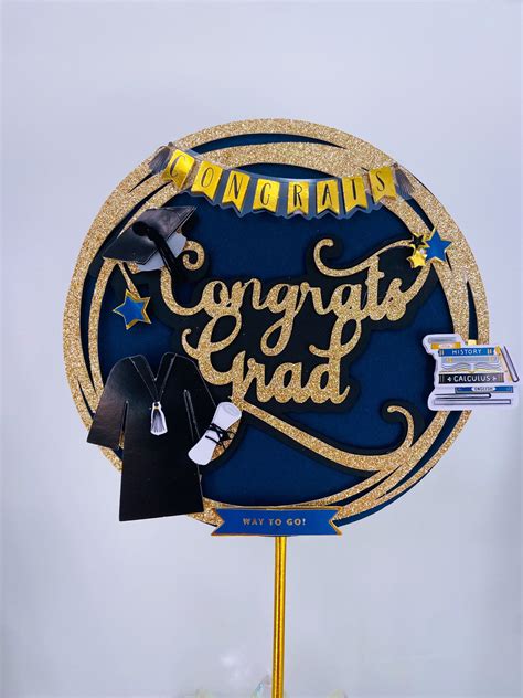 Graduation Cake Topper Gold Glitter Black And Dark Blue With 3d