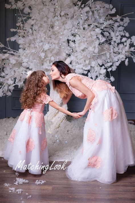 mommy and me dress elegant dress matching mother daughter dress peach lace dress princess