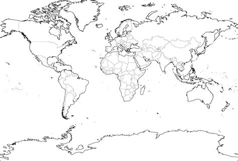 World Map Outline Thin Country Borders And Thick Land Contour On White