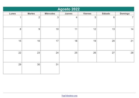Calendario Agosto 2022 Para Imprimir Mensual