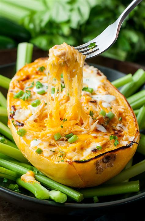 So i will say, adjust the amount of wing sauce to your liking. Cheesy Buffalo Chicken Spaghetti Squash Bowls