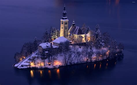 Church Of The Assumption At Winter Lake Bled Slovenia Wallpaper