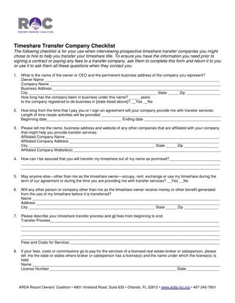 Timeshare Transfer Company Checklist Arda Roc