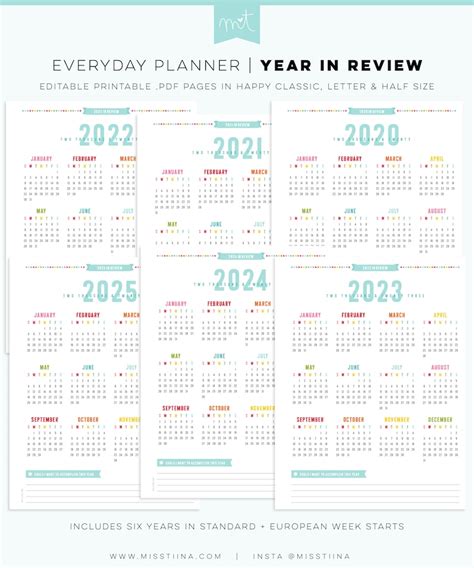 2020 2025 Year In Review Calendars Editable Everyday Planner Etsy