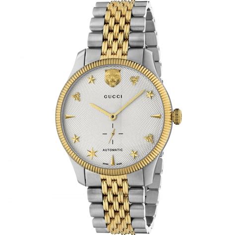 Gucci Mens G Timeless Two Tone Automatic Watch Cat Bees And Stars