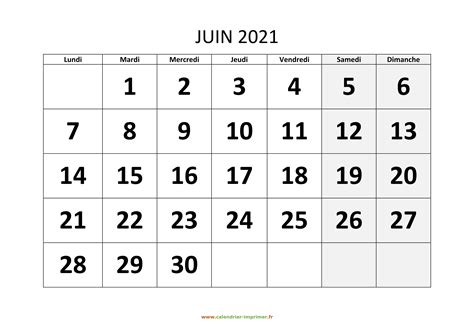 Calendrier Juin 2021 à Imprimer