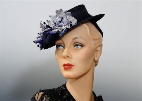 1940s Tilt Hat Womens Straw Dark Navy Blue With Etsy Hats Vintage