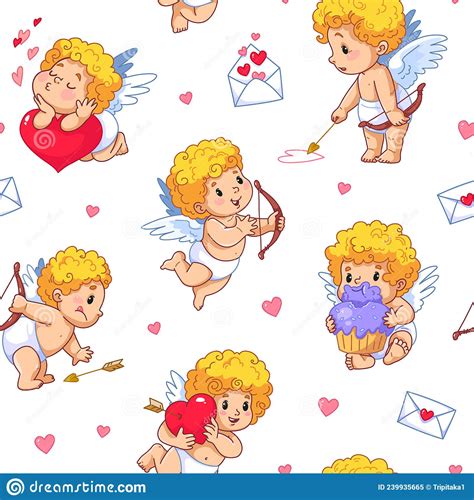 Seamless Cute Pattern With Cupids And Angels Valentine With Bow And