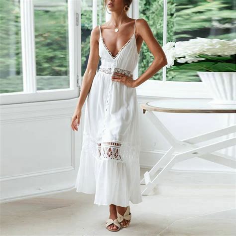 white summer dress women casual solid long dress v neck lace patchwork hollow sleeveless sling