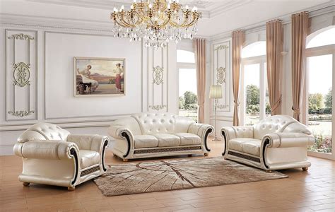 Pearl White Button Tufted Italian Leather Luxury Sofa Loveseat Living